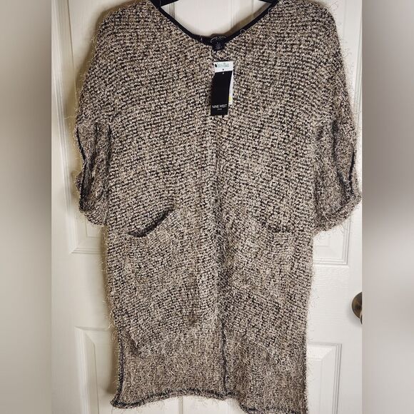 NWT Nine West L Brown White Jeans L Shrtslv Pockets Knitted Women's Top Sweater - Picture 1 of 8